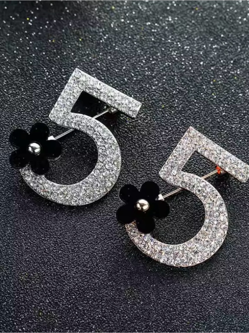 Crystal Number 5 Brooch with Black Flower Accent